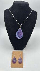 Purple "Dragon Vein" Agate Pendant W/.925 Silver Necklace & Teardrop Amethyst Dangle Earrings