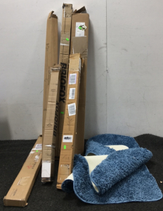 (4) Shower/Bathroom Rods, (2) Bathroom Rugs, Stovetop Shelf, Bamboo Coat Rack