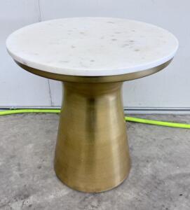 (1) West Elm Marble Topped 20&rdquo; Pedestal Side Table, Marble, Antique Brass