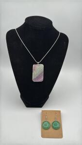 Green Aventurine Disc Dangle Earrings & Rectangular Rainbow Fluorite Pendant W/ .925 Silver Necklace