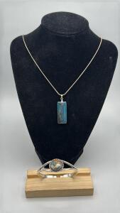 Aqua Dragon Vein Agate Pendant W/ .925 Silver Necklace & Oyster Copper Turquoise Gemstone In A Cuff Bracelet
