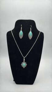 Turquoise Earrings & Turquoise Pendant W/ .925 Silver Necklace