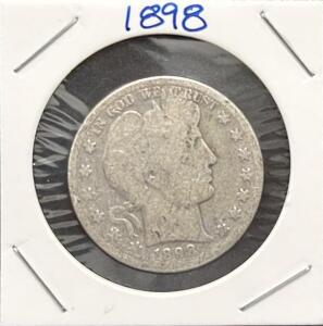 1898 Barber Quarter, U.S. Coin, 90% Silver, Liberty Head Design