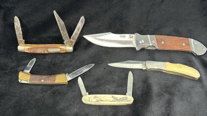 Assorted Lot Of 5 Knives- Vintage Barlow, Vintage Kershaw, Vintage Old Timer , SOG, Vintage Precise DEERSLAYER