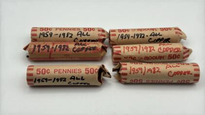 (6) Rolls Of Copper Pennies Year Range 1959-1982