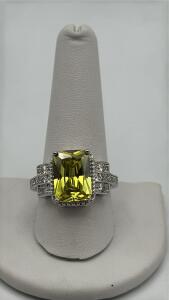 Faceted Emerald Cut Yellow Citrine Gemstone W/ .925 Stamped Silver Ring Size 10