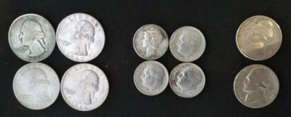 (4) Washington Quarter from 1938 to 1967, (3) Eisenhower Dimes from 1966 to 1967, (1) 1939 Mercury Dime & (2) Jefferson Nickels from 1964 to 1963