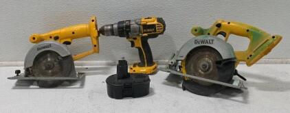 (1) Dewalt DC390 18v Circular Saw 6 1/2&rdquo; Cordless *Tested* (1) DeWalt DW930 12V NiCd Battery Cordless 5-3/8" 136mm Trim Saw*Tested, works* (1) DeWalt DCD950 18V 1/2" Cordless Drill/Driver/Hammer Drill, *Tested, Works* (1) DeWalt 18v Battery