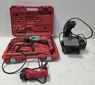 (1) Milwaukee 1/2 in. Pistol Grip Dual Torque Hammer Drill, model 5378-21 *tested, works, (1) RotoZip Solaris Spiral Saw Power Tools *Tested, works (1) Master Mechanic 1" x 30" belt Sander * Tested, Works*