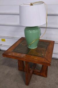 (1) Rustic Ponderosa MANN Wood & Slate End Table, 24" x 24", Serial #212667475 & (1) (Light Blue) Sitting Table Lamp