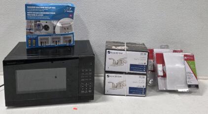 (1) Sharp 0.7 cu. ft. 700W black Countertop Microwave Oven (2) Glacier Bay Builders 4 in. Centerset 2-Handle Low-Arc Bathroom Faucet in Brushed Nickel (2) Utilitech Wireless Doorbell Kit in a White Finish, model #0568972 (1) SharkBite Washing Machine Outl