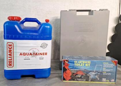 (1) 7-Gallon Water Container & (1) Portable Toilet W/ 12-Pack Of Bags