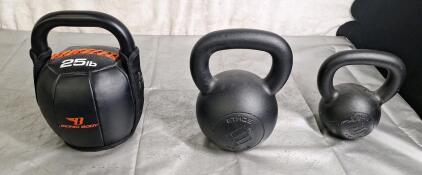 (1) Bionic Body Soft Kettlebell, 25-Lbs, (1) Ethos Cast Iron Kettlebell, 44.1-Lbs & (1) Ethos Cast Iron Kettlebell, 17.6-Lbs