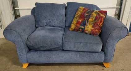 Blue Fabric Loveseat Sofa with Wood Legs and Decorative Pillow