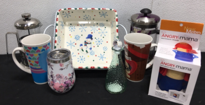 (2) Mugs, A Cup, Microwave Cleaner, (2) French Presses and A Christmas Plate