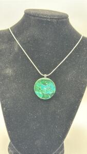 39ct. Natural Blue Green Malachite Chrysocolla Gemstone W/ Stamped .925 Silver Necklace