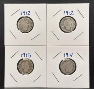 (4) Total 1912, 1913, 1914 Barber Dimes, U.S. Mint, Liberty Head Design