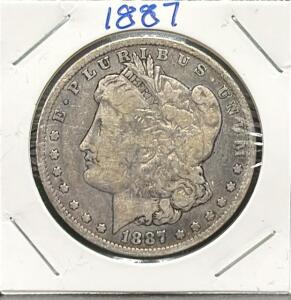 1887 Morgan Silver Dollar Coin, 90% Silver, Reeded Edge