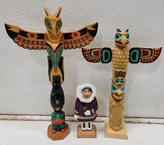 (1) Vintage Pat Moore Alaska Black Diamond Hand-Carved Wood Totem Pole (1) Alaska Northwest Coast Eagle Wings Totem Pole (1) BOMA Inuit Annie Scupture