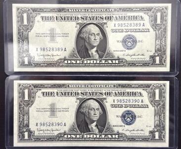 (2) Consecutive 1957 B U.S. One Dollar Silver Certificates, Serial Numbers X98528389A & X98528390A