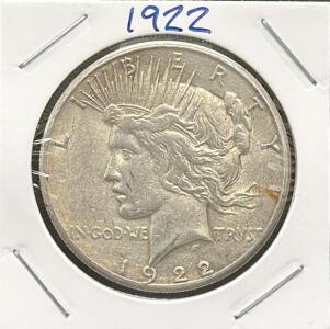 1922 Peace Dollar Coin, USA, Silver Composition, One Dollar Face Value