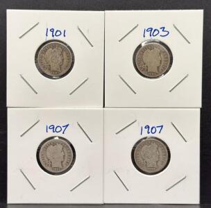 (4) U.S. Barber Dimes 1901, 1903, 1907, 90% Silver, Designer: Charles E. Barber