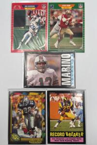 (5) VERY NICE ASSORTED VINTAGE FOOTBALL CARDS - 1989 ERIC DICKERSON , 1989 STEVE YOUNG , 1991 EMMITT SMITH , 1985 DAN MARINO , 1985 ERIC DICKERSON .