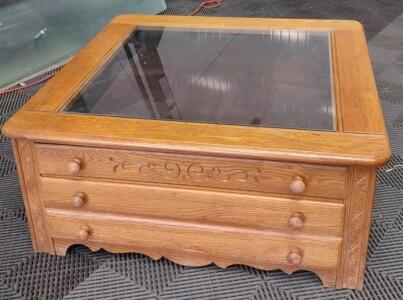 Wood and Glass Coffee Table, Made in USA, 3 Drawers, May 1994