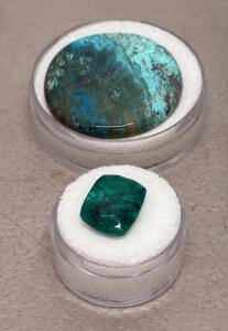 48.90 ct Shattuckite Chrysocolla Cabochon and 10.40 ct Emerald Cushion