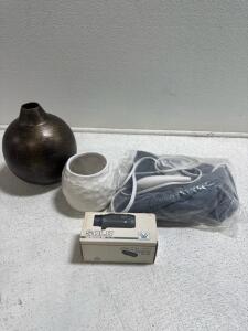 (1) Walgreens Electric Neck Compress (1) Solo Monocular & (2) Decorative Vases