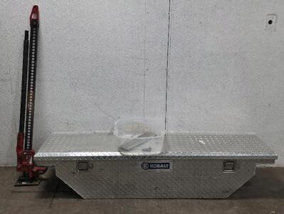 (1) Kobalt Aluminum Truck Bed Toolbox with Locking Mechanism, No Key, Some Mounting Bolts Included (1) Heavy-Duty Farm Jack, also known as a Hi-Lift Jack (25) Welding Rods