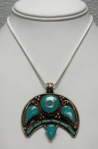 Sterling Silver Turquoise Necklace with Cabochon Pendant