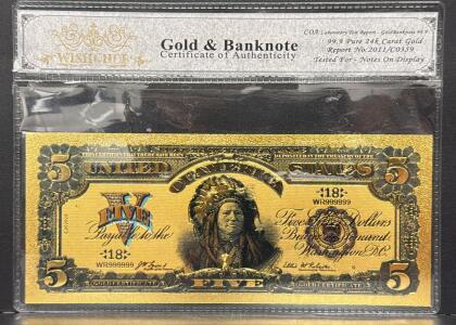 Wishonder GoldBanknote 24k Gold-Plated $5 Replica, Serial WR999999