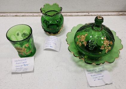 (1) Vintage 1900s Northwood Gold Green Butterdish Pedastal (1) EAPG Riverside Green Gold Emerald Glass Spooner Vase (1) Northwood Green Gold "Oriental Poppy" Tumbler