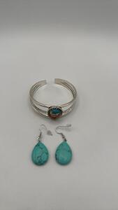 Cuff Bracelet & Pair Of Turquoise Earrings