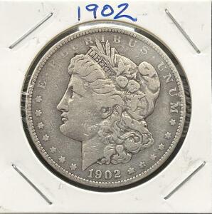 1902 Morgan Silver Dollar Coin, Philadelphia Mint, 1.5" Diameter