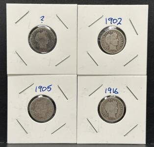 (4) 1902, 1905, 1916 Barber Dimes, 90% Silver, U.S. Mint Coin Collection