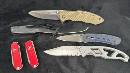 Assorted Lot Of 6 Quality Knives- Swiss Army , Gerber , CRKT , True & Kershaw