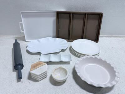 Assorted White & Marble Kitchenware-Coasters,West Elm Marble Bowl, Pie Dish, Plates, & More