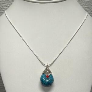 Tibetan Silver Necklace, Turquoise Pendant, 24" Chain