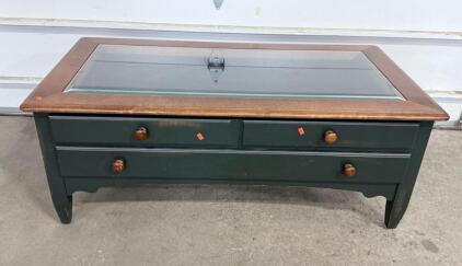 Glass Top Wood Coffee Table with Two Drawers, Green and Brown