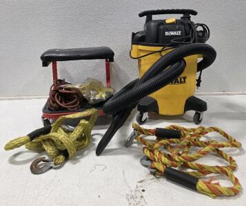 (1) DEWALT 6-gallon wet/dry vacuum, model DXV06PL (1) Mechanics Creeper Seat (2) Tow Ropes w/Steel Hooks