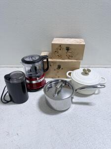 Cuisinart Coffee Grinder, KitchenAid Food Processor, Le Creuset Casserole, All-Clad Saucepan
