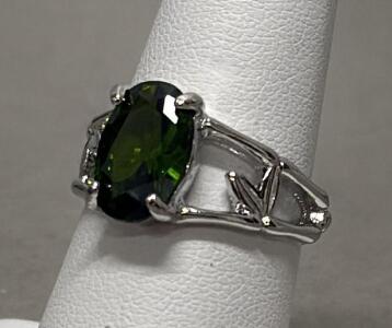 Sterling Silver Ring with Faceted Oval Created Emerald, Size 7