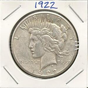1922 Peace Dollar Coin, One Dollar, 90% Silver, Liberty Head Design
