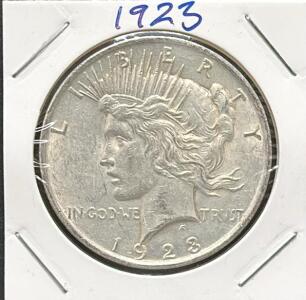 1923 United States Peace Dollar Coin, Liberty Head Design, 90% Silver