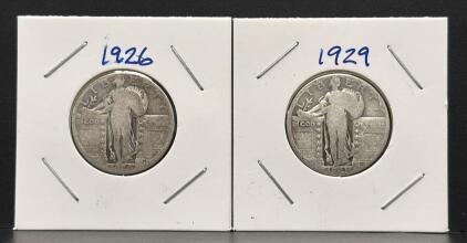 1926 & 1929 Standing Liberty Quarter Coins, 90% Silver, U.S. Mint