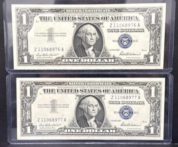 (2) Consecutive 1957 U.S. Silver Certificate Dollar Bills, Serial Numbers: Z11068976A, Z11068977A
