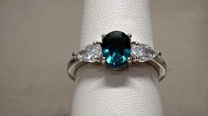 Sterling Silver Ring with Blue Oval Sapphire, Size 8