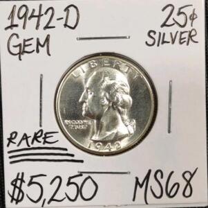 1942-D MS68 Rare Gem Silver Washington Quarter